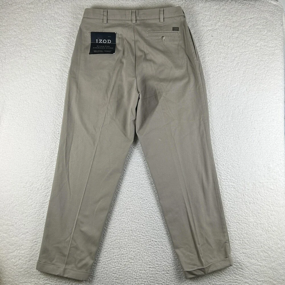 IZOD Pants Mens 35x30 Beige Wrinkle Free American Chino Pleated Cuffed
